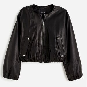 Madewell Black Cropped Leather Bomber Jacket